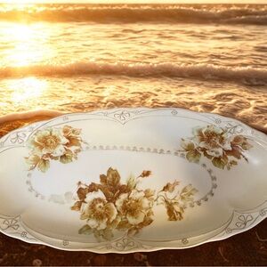THREE CROWN Germany Old Ivory Brown Roses Oval 12.5" x 6" Celery Dish 1881-1953